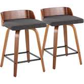 Maya 24" Swivel Counter Stool in Walnut Wood & Charcoal Fabric with Black Footrest (Set of 2)